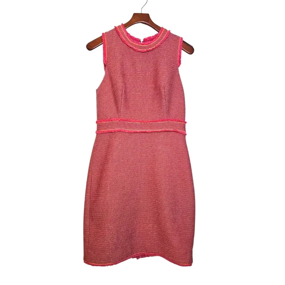 J. Crew Tweed Fringe Neon Pink Preppy Sleeveless Dress